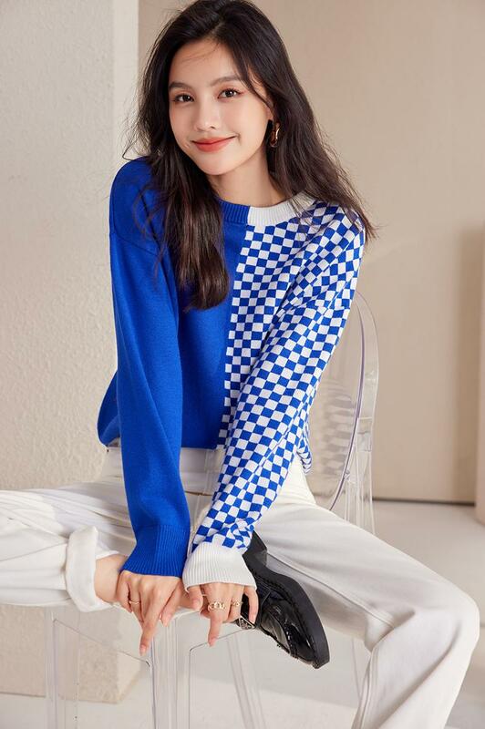 Wisher & tong mulheres suéteres 2022 outono inverno o-pescoço mangas compridas malha pulôver azul casual chique topos camisola de moda coreana