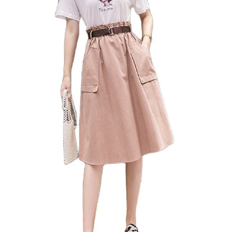 Wisher&Tong 2022 Summer Cargo Skirt Hight Waist Women's A-line Skirts With Sashes Korean Fashion Long Back Skirt Jupe Femme Été