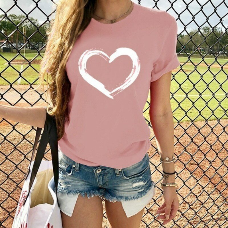 Camiseta de manga corta con estampado en forma de corazón para mujer, Camiseta de cuello redondo a la moda, camisetas gráficas para mujer, ropa para mujer 2022