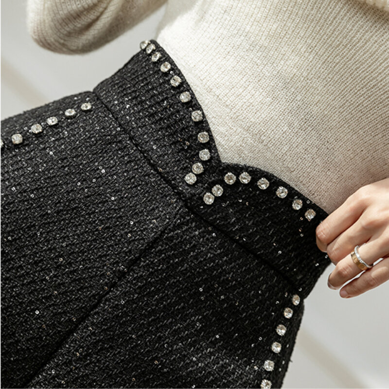 Черные бриллиантовые маленькие трапециевидные шорты с высокой талией, женские модные повседневные широкие брюки с блестками на осень и зим...