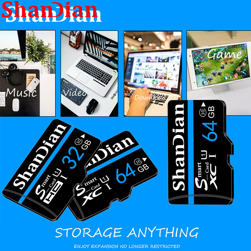 Shandian – carte Micro SD TF de classe 10, 32 go/64 go/128 go/16 go/8 go, transfert rapide, avec adaptateur, pour téléphone, appareil photo, etc.