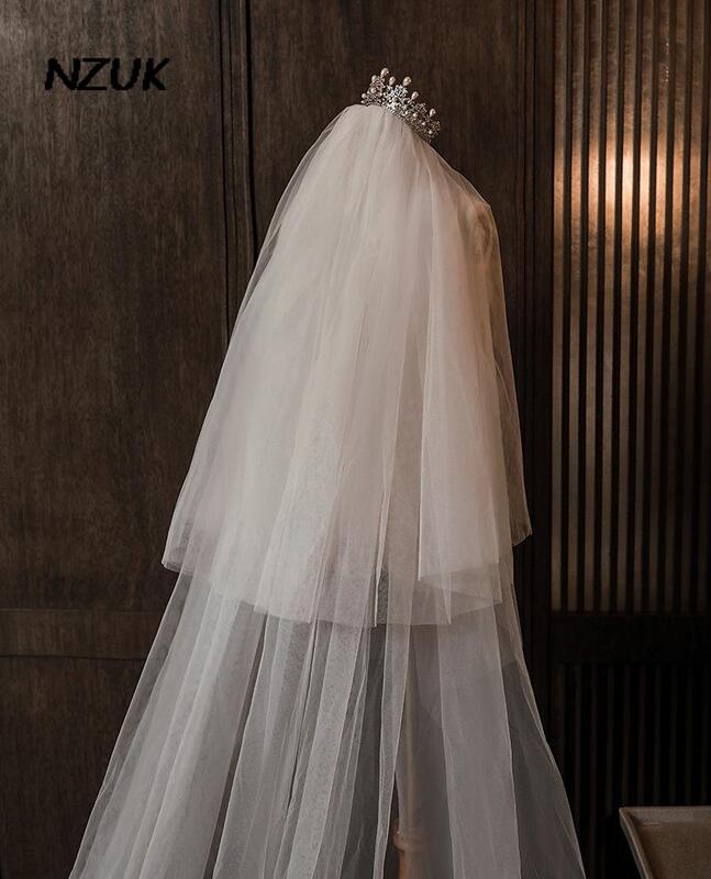 Nzuk elegante catedral véu de casamento renda apliques borda longo véu nupcial tule nupcial voilette novias 2022 accesorios