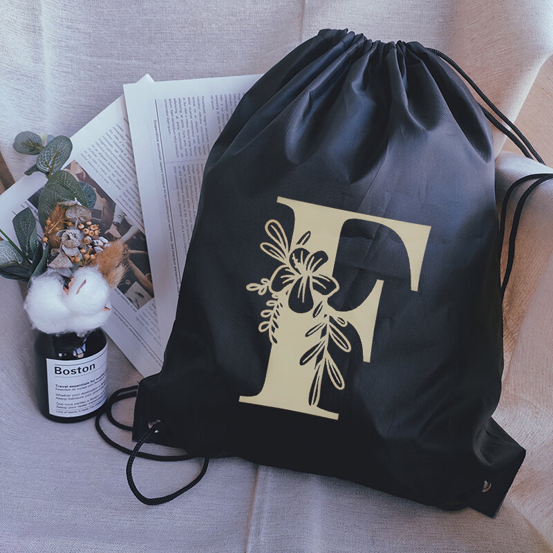 Mochila sencilla con cordón para niño y niña, bolsa de baloncesto con estampado de letras doradas, bolso de compras portátil, estuche escolar personalizado