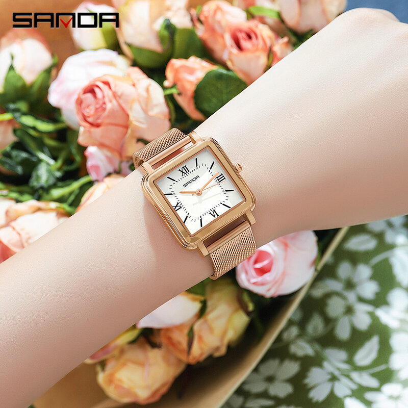 SANDA นาฬิกาควอตซ์ผู้หญิงนาฬิกาแฟชั่นหรูหราสุภาพสตรีกันน้ำหนังนาฬิกาสแควร์ทองคำสีกุหลาบนา...