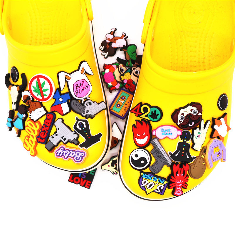 Novelty 1pcs Spoof Bad Bunny PVC Shoes Accessories Marijuana Texas Gun Shoe Buckle Decorations for Croc Jibz Charm Kids Gifts