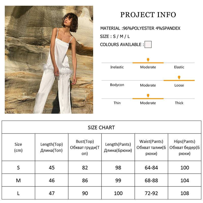 Hiloc Piyama Satin Cantik dengan Bulu Pakaian Tidur Set Wanita dengan Celana Hitam Tali Spaghetti Setelan Rumah Setelan Celana Putih 2022