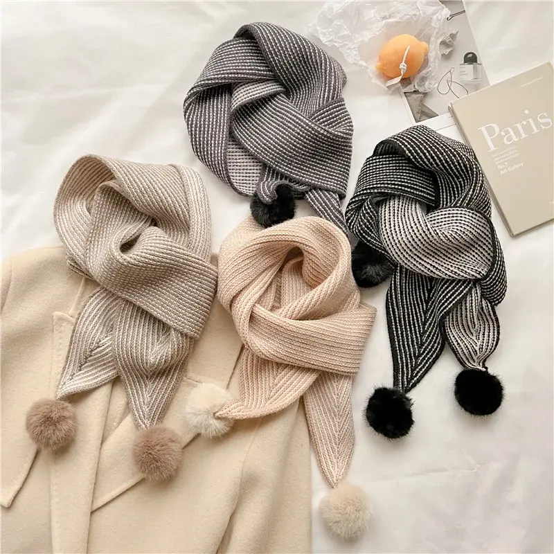 Sciarpa da donna Skinny invernale calda 2022 Design di lusso cravatta piccola lavorata a maglia con Foulard a sfera scialle da collo femminile avvolge Bufanda