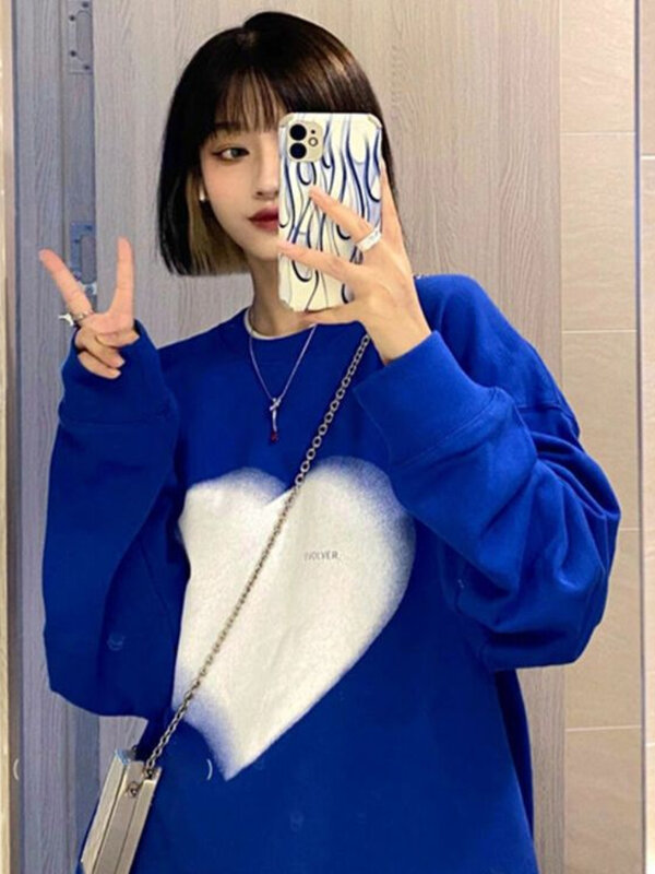 Deeptown Koreaanse Mode Hart Print Hoodies Vrouwen Harajuku Hip Hop Oversized Sweatshirts Losse Casual Lange Mouwen O-hals Tops Bf
