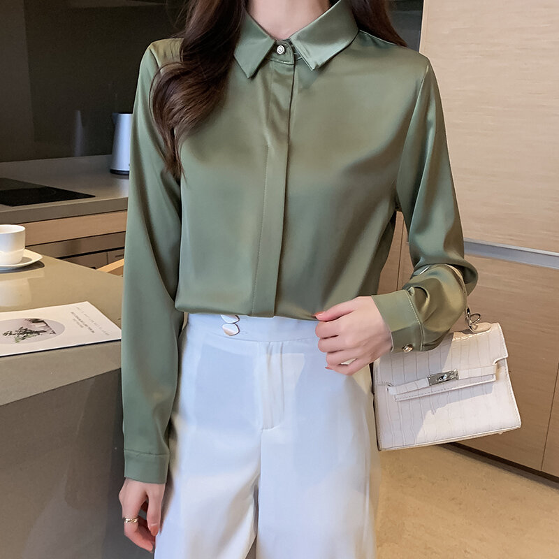 Solid Color Women Shirts New Long Sleeve Satin White Shirt Fashion Office Lady Button Blouse Women Tops Camisas De Mujer 811C