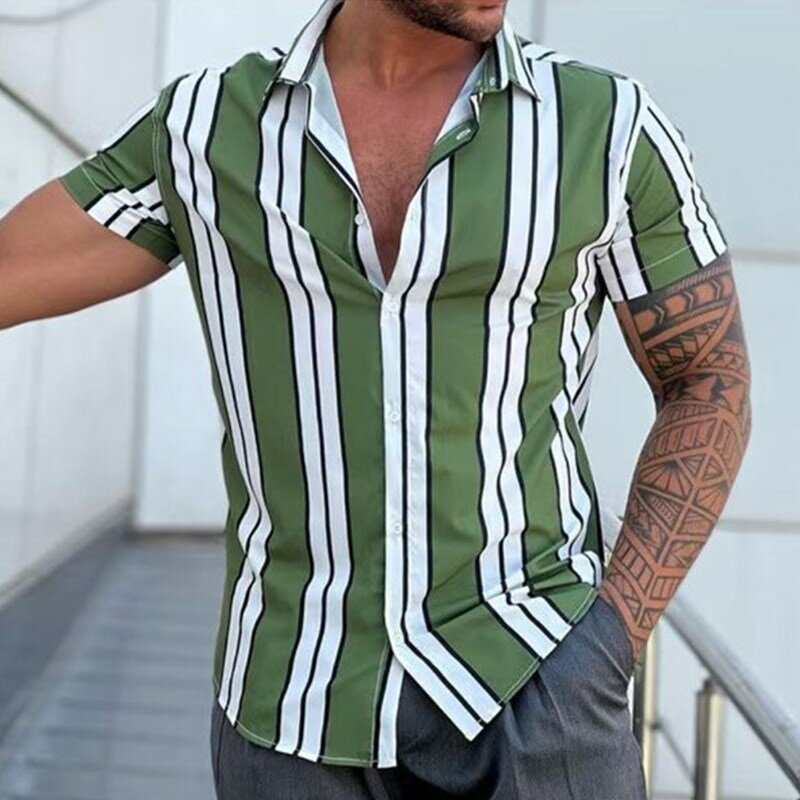 2022 nova camisa masculina de alta qualidade moda listras impressão manga curta shirtspring e verão hirt men turn-down colarinho botão cas