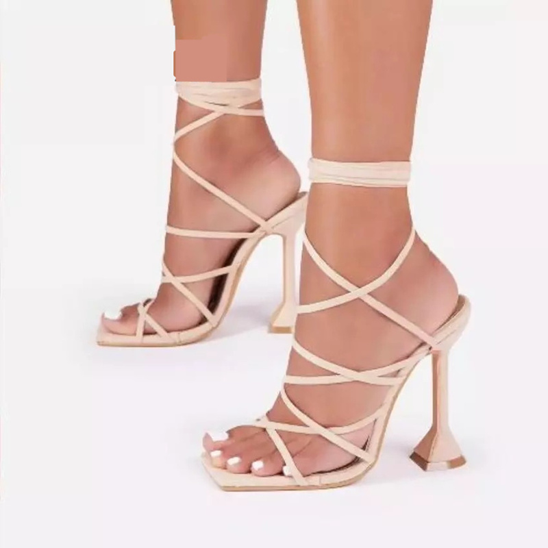 2022 Women Summer Sandals Sexy Peep Toe Ankle Strap Shoe Cross Lace-Up Stiletto High Heels Ladies Party Slipper Shoes