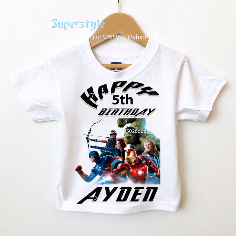 T-shirt d'anniversaire de super héros Avengers pour garçon, haut à personnaliser avec le nom, pour garçon de 3, 4, 5, 6, 7 et 8 ans