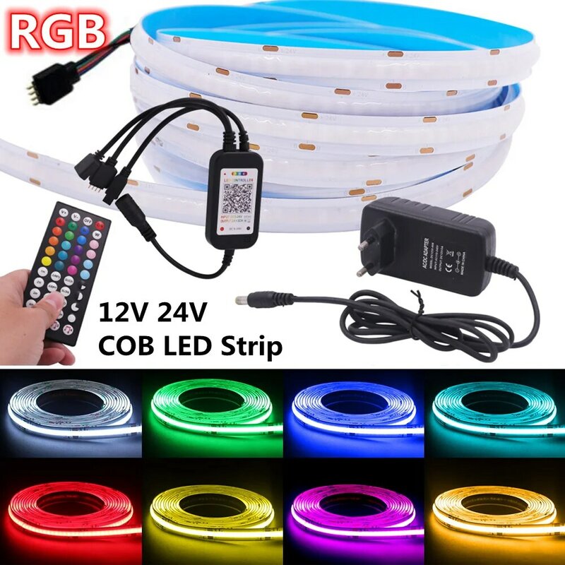 Tira de luces LED COB DC12V, cinta de luz Led RGB FOB Flexible de alta densidad, 840LED/m, Cinta Lineal de Control remoto compatible con Bluetooth