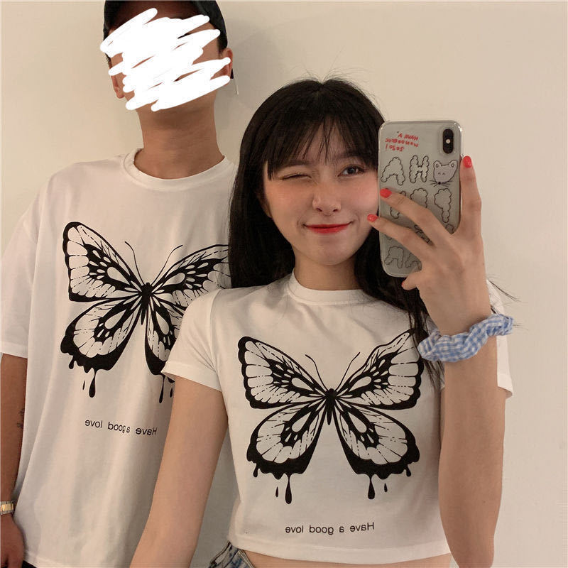 Motyl drukowanie z krótkim rękawem gotyckie koszulki uliczne Y2k koszulki w stylu Harajuku lato amerykański Retro krótki top para bluzki Unisex