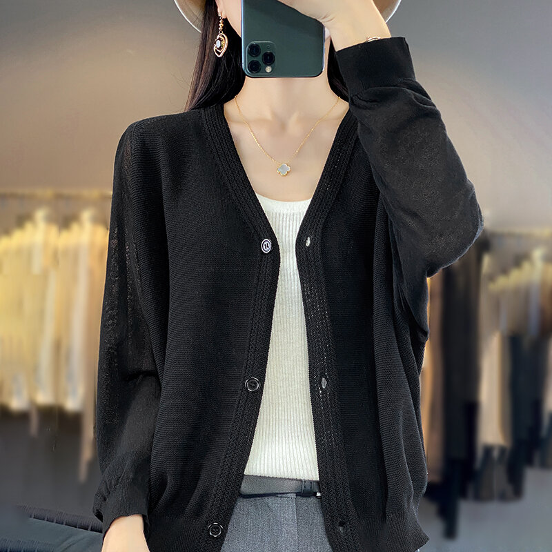 Women's Cardigan Ultrafine Knitted V-neck Clean Face Long Sleeve Sweater High Quality Thin Coat Lantern Sleeve Fashion Cardigan