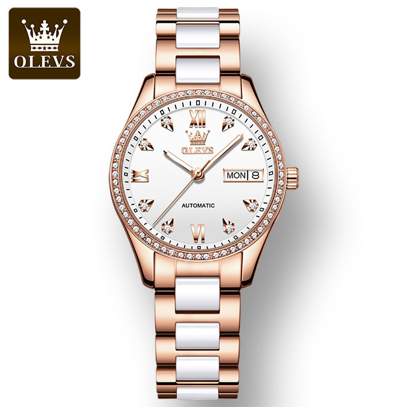 OLEVS กันน้ำแฟชั่นผู้หญิงนาฬิกาข้อมือคุณภาพสูงเต็มอัตโนมัติอัตโนมัติสายนาฬิกาเซรามิคนาฬิก...
