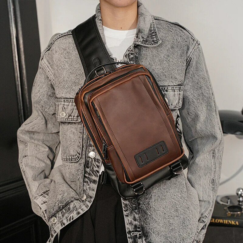 Вместительные квадратные мужские нагрудные сумки, кожаные коричневые мужские сумки через плечо, винтажный однотонный мужской рюкзак на ре...