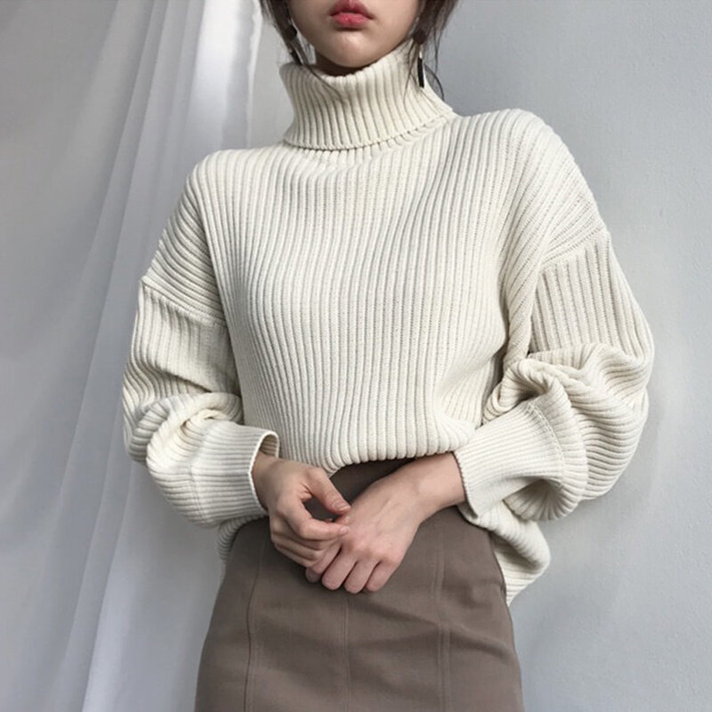 MOVOKAKA Sweter Turtleneck Tebal Wanita Musim Gugur Musim Dingin Atasan Tarik Lembut Tetap Hangat Pullover Wanita Jumper Sweter Rajutan Korea