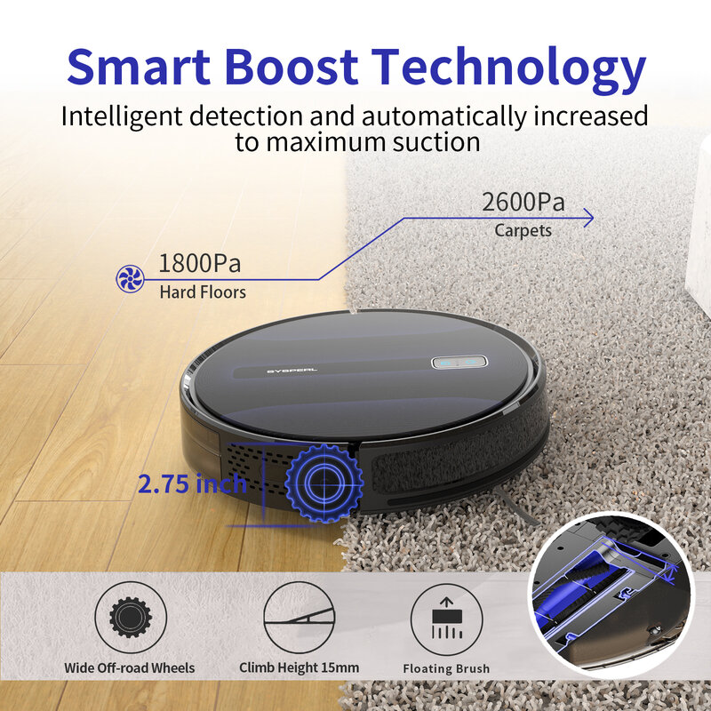 SYSPERL V40P Robotic Vacuum Cleaner Navigation for Home Robot 2600PA Carpet Automatic Pressurization WIFI APP Virtual Wall Home