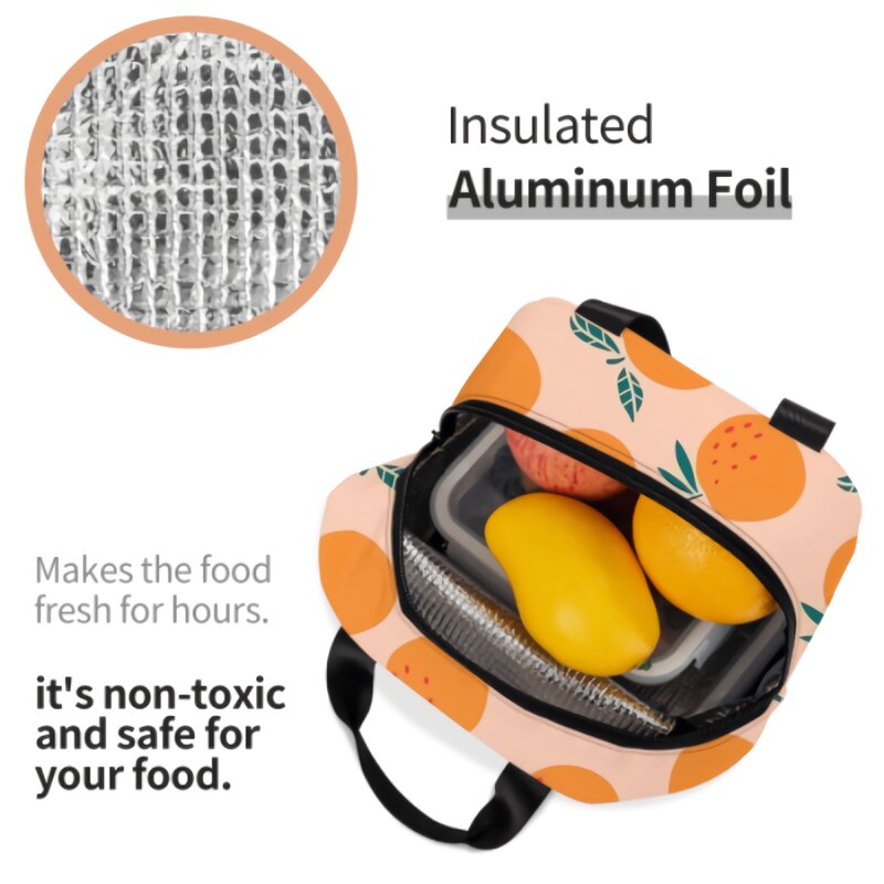 Fiambrera con estampado de naranjas y frutas, bolsa de almuerzo impermeable con aislamiento de hojas de verano, bolso reutilizable con bolsillo frontal para Picnic de oficina