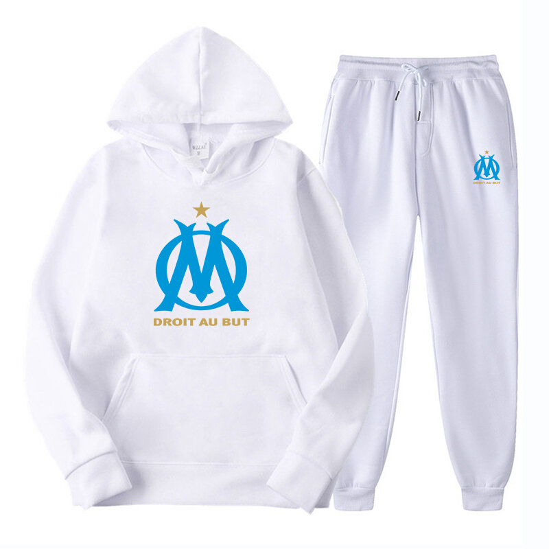 Jaket Berkerudung Pria 2023 Jas DROIT AU BUT Marseille Pakaian Olahraga Jaket + Celana 2 Potong Setelan Sweater Jogging Set Logo Terbaru