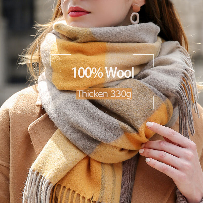 100% 양모 스카프, 두껍고 따뜻한 랩, 체크무늬 파시미나 풀 라드 팜므, 겨울용 격자 무늬 캐시미어 스카프, Bufandas