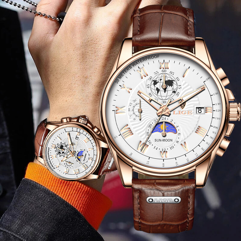LIGE nuovo orologio da uomo quadrante grande cinturino in pelle data Mens Business Army orologi da uomo Luxuries impermeabili orologi da polso da uomo per uomo