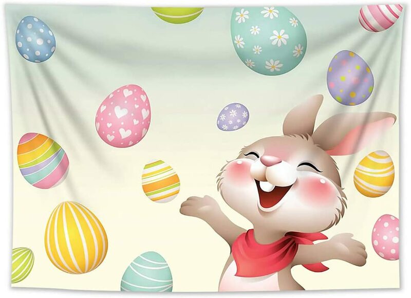 Tapiz de Pascua para colgar en la pared, telón de fondo con diseño divertido de conejo y huevos pintados de colores