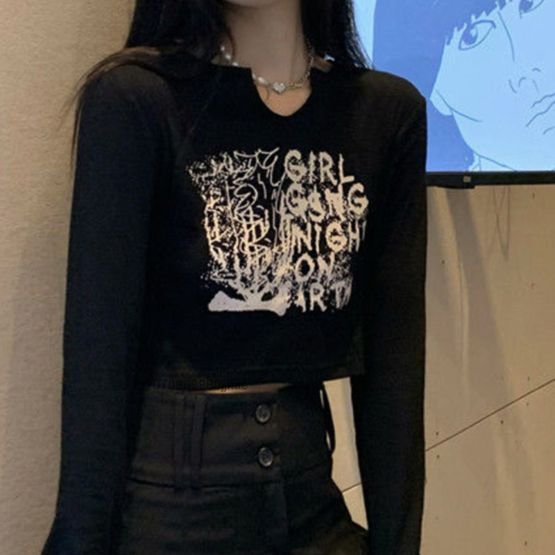 Kaus Lengan Panjang Streetwear Harajuku Atasan Potong Pendek Seksi Mode Musim Gugur Wanita Y2k Gadis Kaus Bawah Tipis Ramping Gaya Korea