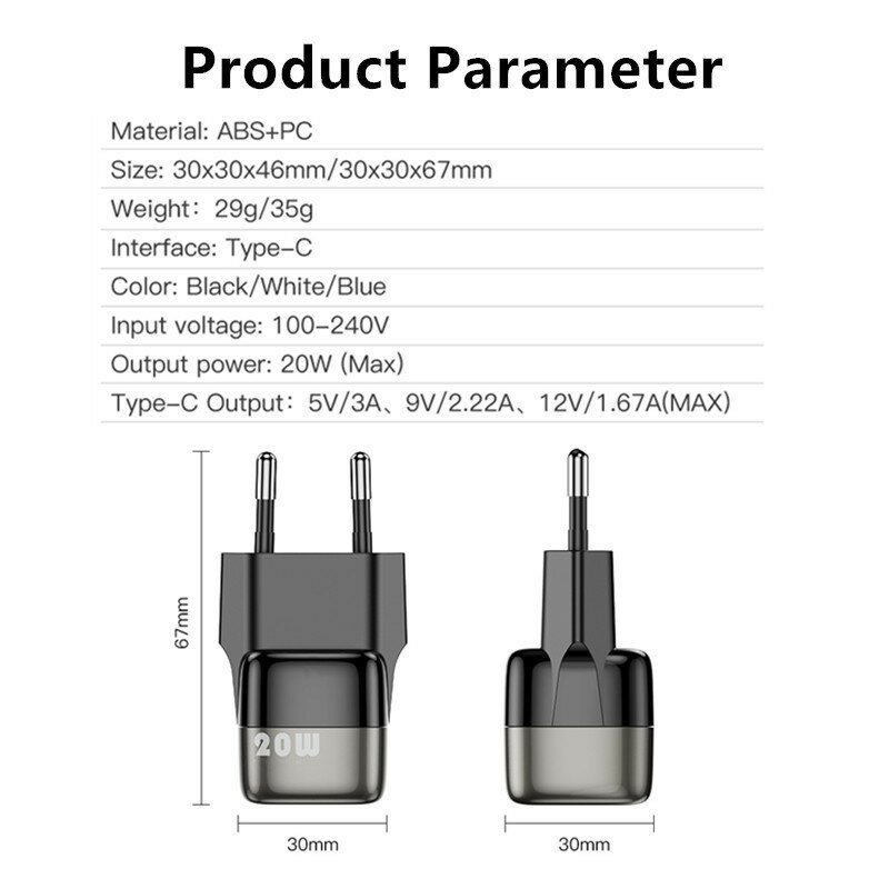 Mini 20W PD Charger Fast Charger QC3.0 For iPhone 11 Xiaomi Huawei Samsung EU/US Plug Universal Mobile Phone USB Type C Charger