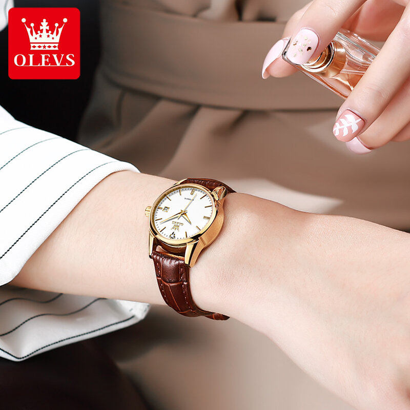 OLEVS-Reloj de pulsera con correa de Corium para mujer, resistente al agua, automático, mecánico, con calendario luminoso
