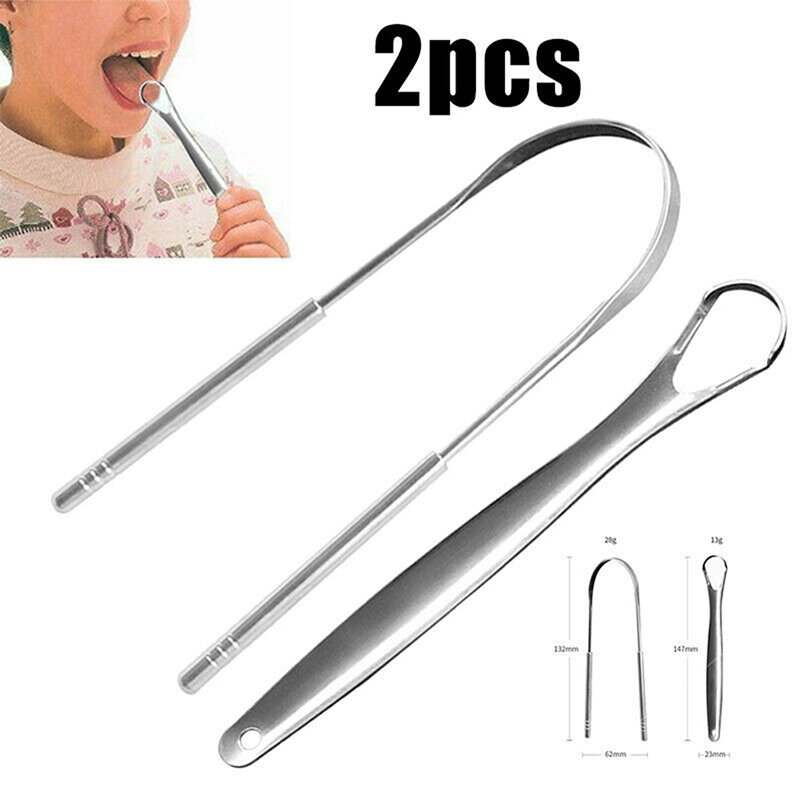 2PCS Tongue Scraper Cleaner Para Adultos Grau Cirúrgico Eliminar Mau Hálito Aço Inoxidável Metal Tongue Scarper Escova Dental Kit