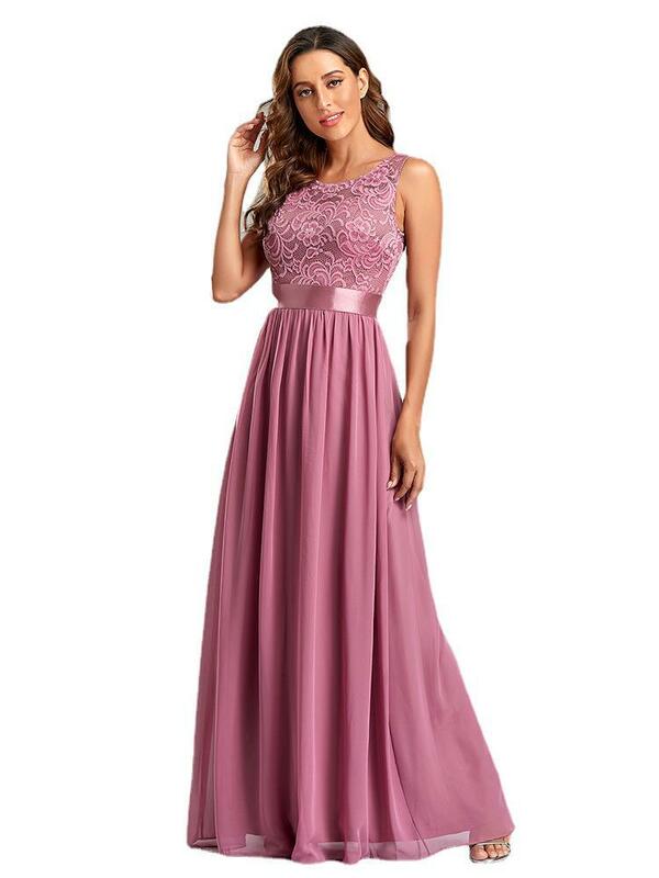 A-Line Lace & Chiffon Pink Evening Dress Floor Length Elegant Women's Dresses for Party 2022 Bridesmaid Dress