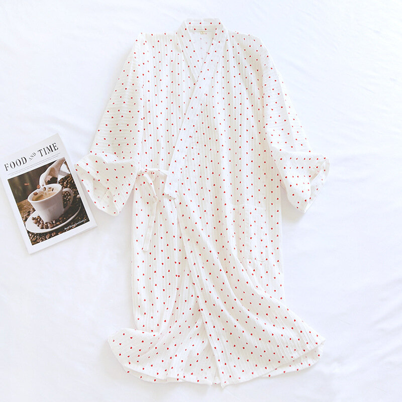 Japonês quimono robe para senhoras 100% algodão vestido de noite gaze robe pijamas flor amor roupão meados de comprimento v-neck casa vestido