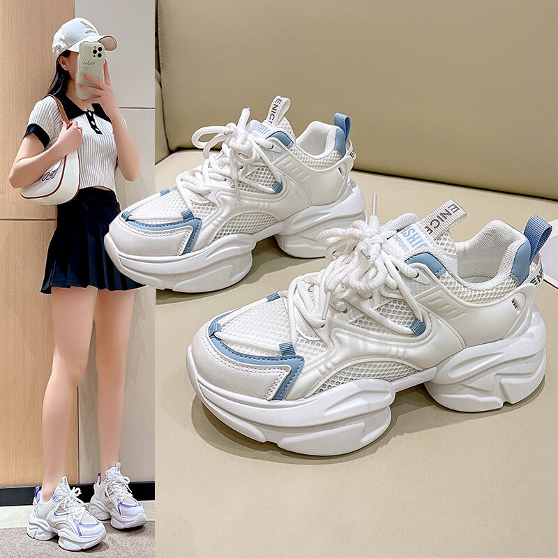جديد 2023 أحذية رياضية بيضاء سميكة للأماكن الخارجية أحذية نسائية مبركن أحذية رياضية برباط علوي أحذية رياضية