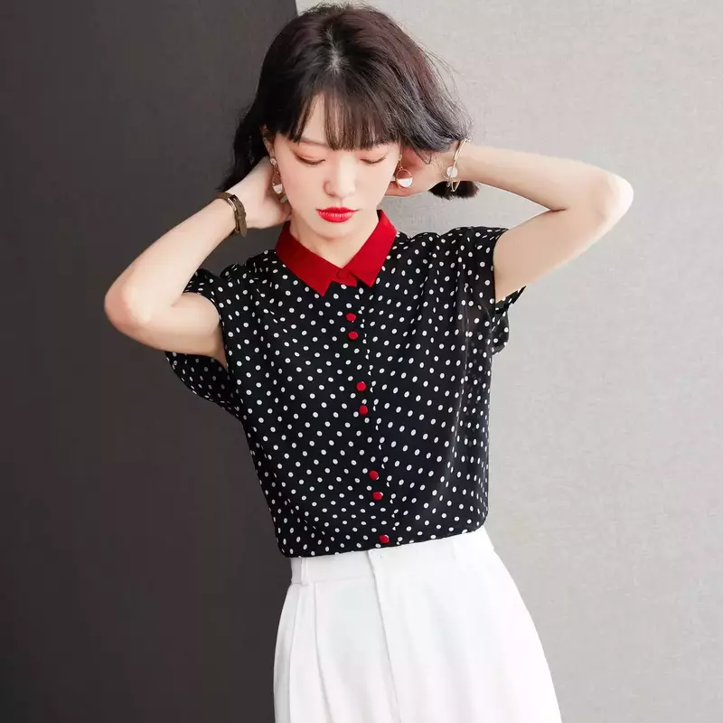 Новинка, женская летняя элегантная рубашка в винтажном стиле с коротким рукавом, Женский шифоновый топ в горошек