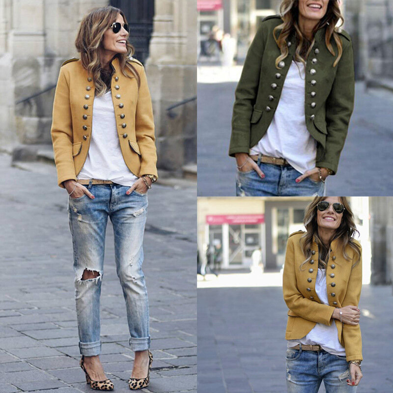 Trendy Retro Jacket Double Breasted Buttons Decor Good Workmanship Fall Winter Solid Color Slim Casual Coat Women's Clothing