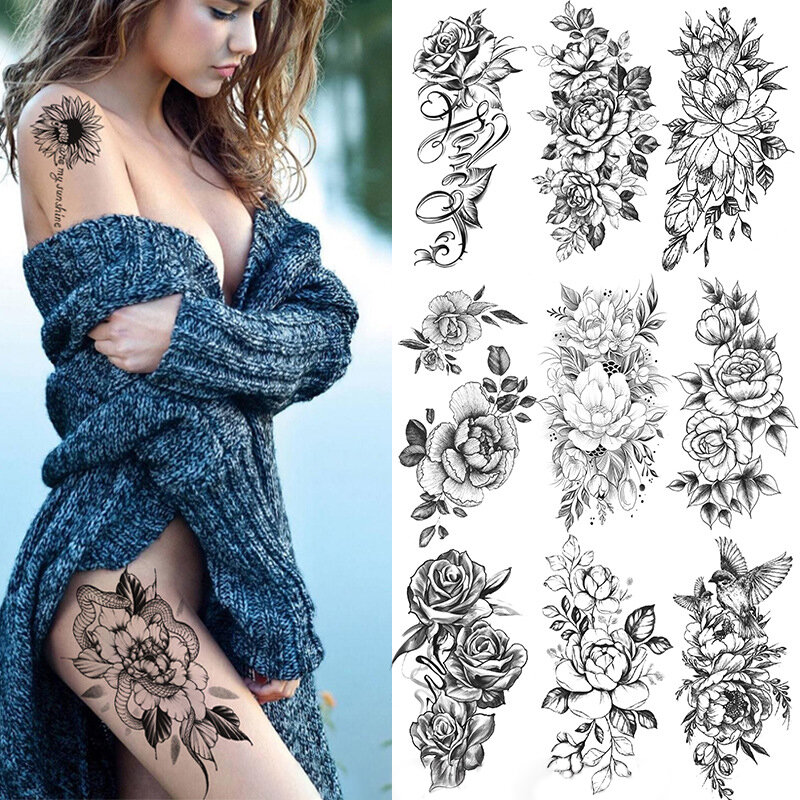 Sexy Bunte Blumen Wasserdicht Temporäre Tätowierung Aufkleber Rose Schlange Brief Tattoos Body Art Full Arm Gefälschte Tatoo für Frauen XQB