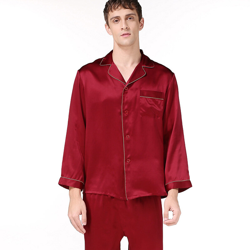 16 momme-Conjunto de pijama de seda 100% para hombre, ropa de dormir de manga larga, sencilla, Noble