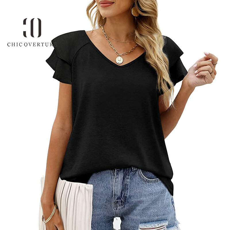 Chic Overture ผู้หญิง Cascading Ruffle Sleeve V-Neck เสื้อลำลองหลวมเสื้อแขนผีเสื้อผู้หญิงเสื้อ