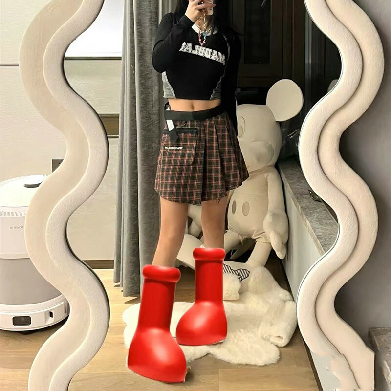 Big Red Boots Knee High Boots Fashion Round Toe EVA Balloon-like Slip On Women's Trend Rain Boots Thick Bottom Party Runway Shoe