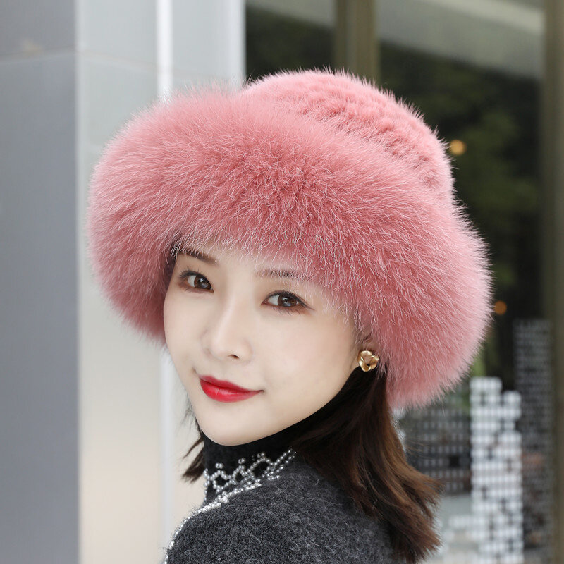 Venda quente moda inverno quente feminino malha bonés vison chapéus com pele de raposa vertical tecido superior chapéu de pele para mulher frete grátis