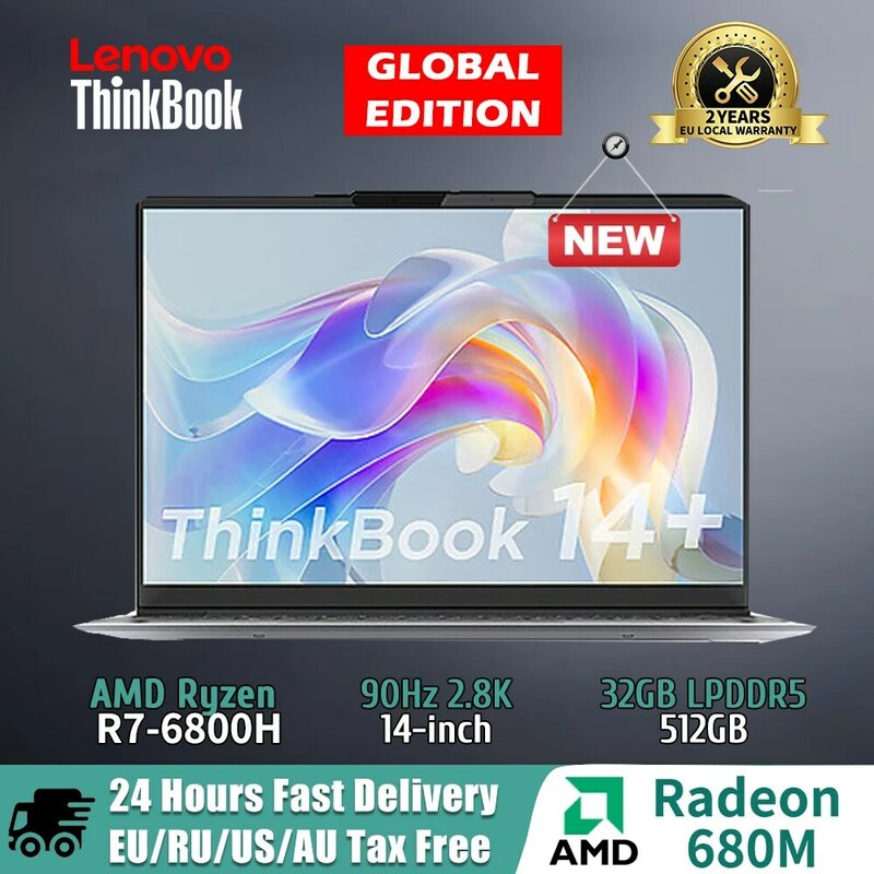 حاسوب محمول ThinkBook 14 + حاسوب محمول Ryzen 7 6800H Ultra نوت بوك 16GB LPDDR5 512GB SSD NVIDIA GeForce RTX 2050 14 -inch 2.8K 90Hz Win11