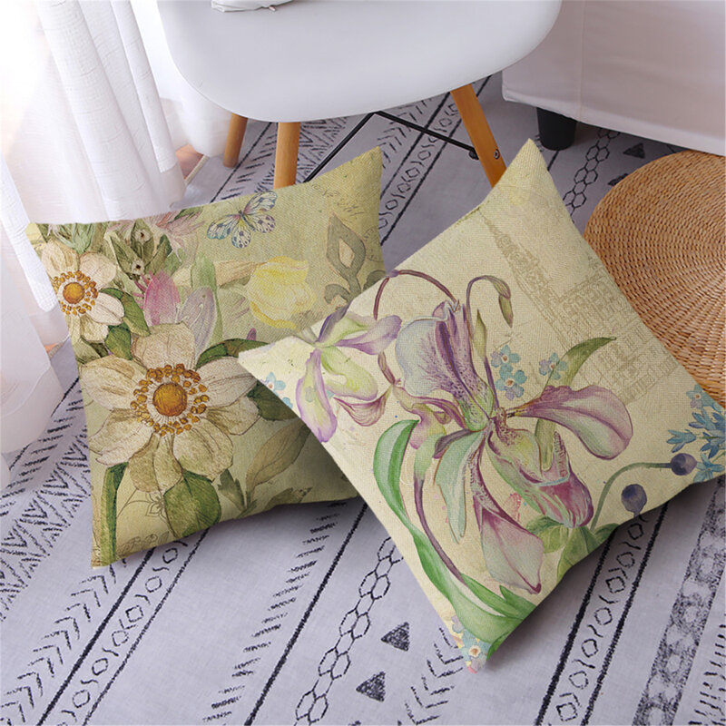 Fuwatacchi Elegant Flower Pillow Case Linen Decorative Cushion Cover Green Leaves Throw Pillowcase Kussensloop Almohada Poszewka