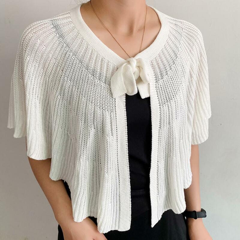 Solid Color Shirt Women Hollow Out Knitted Shawl Front Lace-up Shirt Fake Collar Shoulders Warm Small Shawl Clothing Accessories