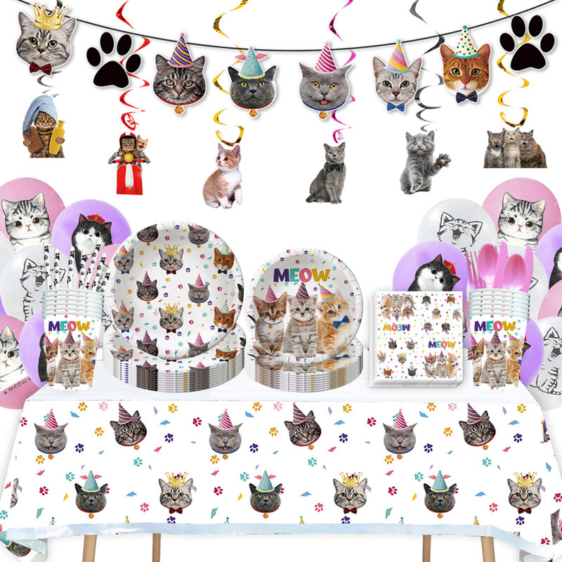Gato festa suprimentos conjunto gato aniversário decorações de festa para meninas/meninos-gatinho louça descartável com feliz aniversário banner