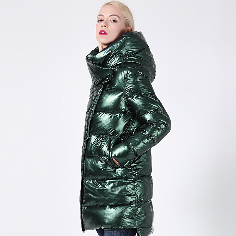 2020 nowa kurtka zimowa kobiety Glitter Plus rozmiar z kapturem długi damski płaszcz zimowy gruby kaptur biologiczna kurtka puchowa Parka Docero