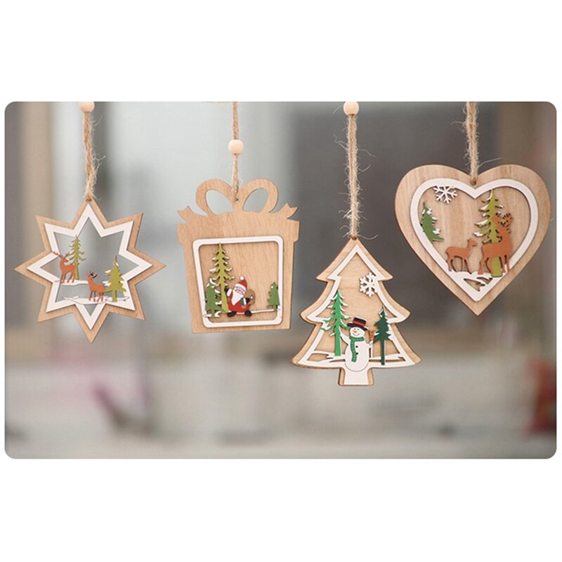 Colgante de árbol de Navidad hueco de madera de 9 piezas, colgante de campana de estrella de cinco puntas, regalo, decoración de Año Nuevo
