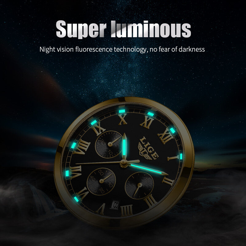 Часы наручные LIGE мужские с хронографом, повседневные спортивные роскошные светящиеся из нержавеющей стали