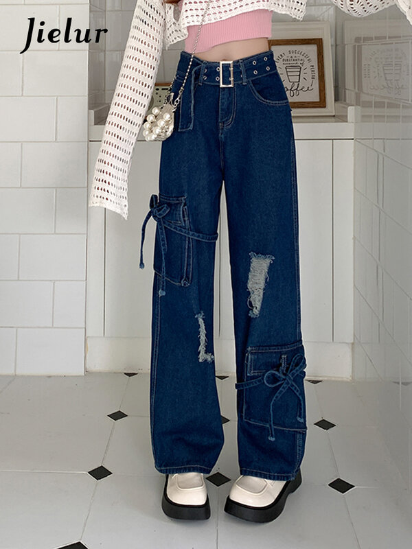 Jielur Популярные рваные джинсы для девушек с высокой талией женские осенние уличные модные повседневные прямые широкие брюки на бретелях жен...